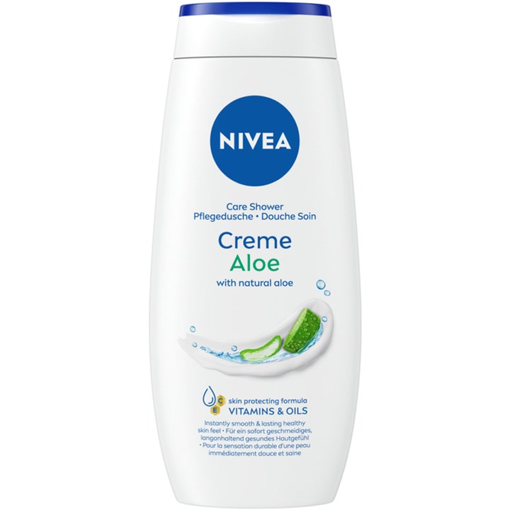 Nivea Creme Aloe 250 ml plejende showergel i hvid plastflaske med blå detaljer og billede af frisk aloe vera