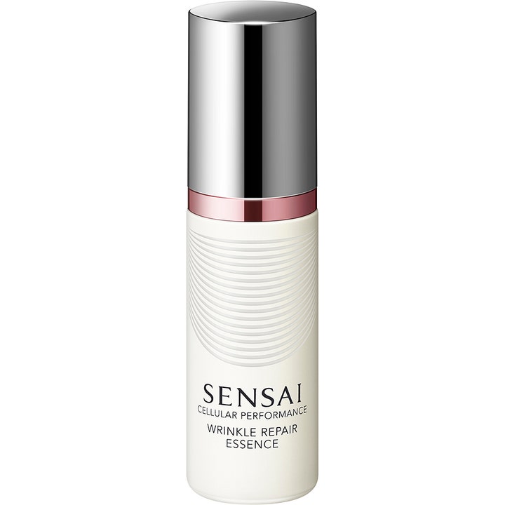 Sensai Cellular Performance Wrinkle Repair Essence 40 ml anti-aging serum i hvid flaske med rillet tekstur og sølvlåg