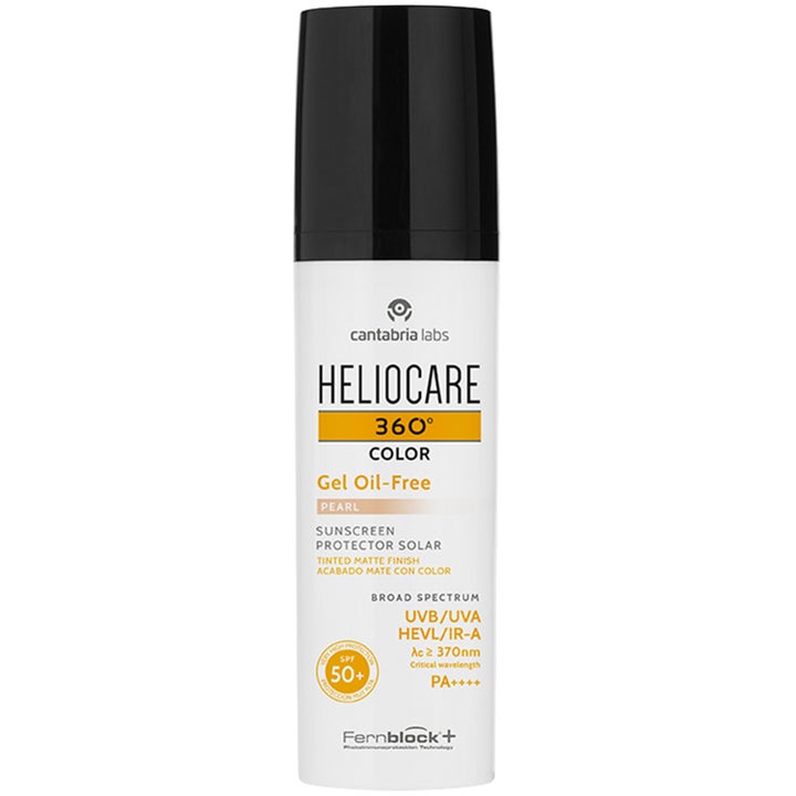 Heliocare 360 Color Gel Oil-Free Pearl SPF 50+ tonet solcreme giver mat finish i hvid tube med sort låg.