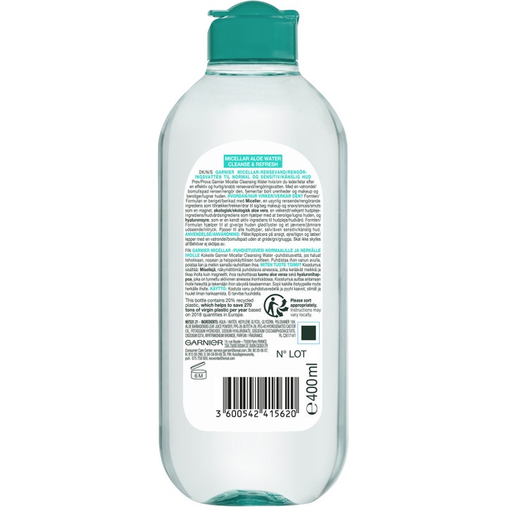 Garnier Micellar Aloe Cleansing Water 400 ml beroligende ansigtsrens viser bagside med ingrediensliste