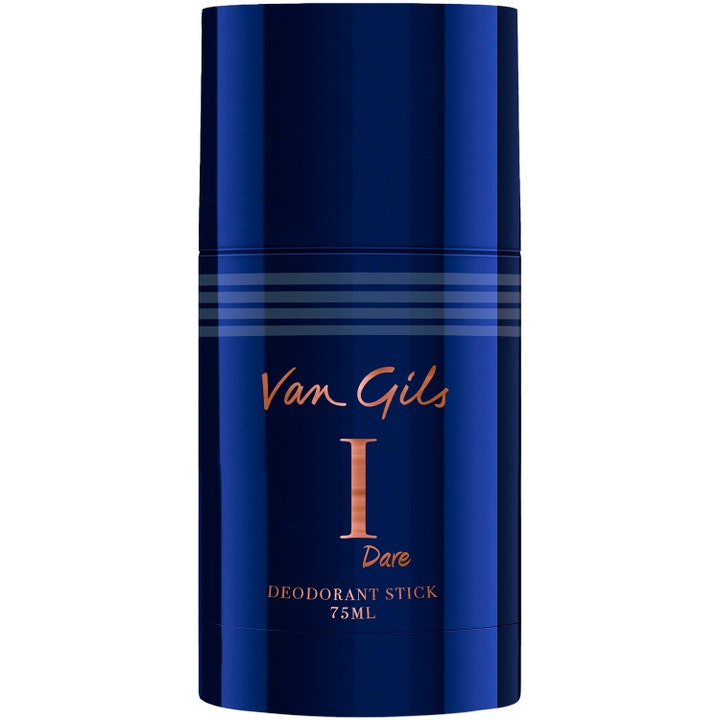 Van Gils I Dare 75 ml deodorant stick giver friskhed i en mørkeblå cylinder med kobbertekst og vandrette striber.