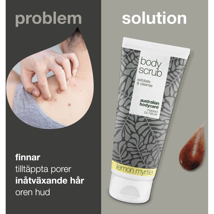 Australian Bodycare Body Scrub Lemon Myrtle 200 ml mod uren hud viser tube og peelingens tekstur
