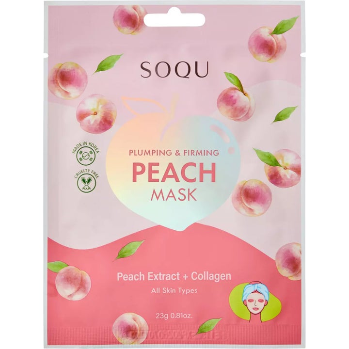 SOQU Peach Mask 23g opstrammende ansigtsmaske i lyserød pose dekoreret med friske ferskner og kollagen