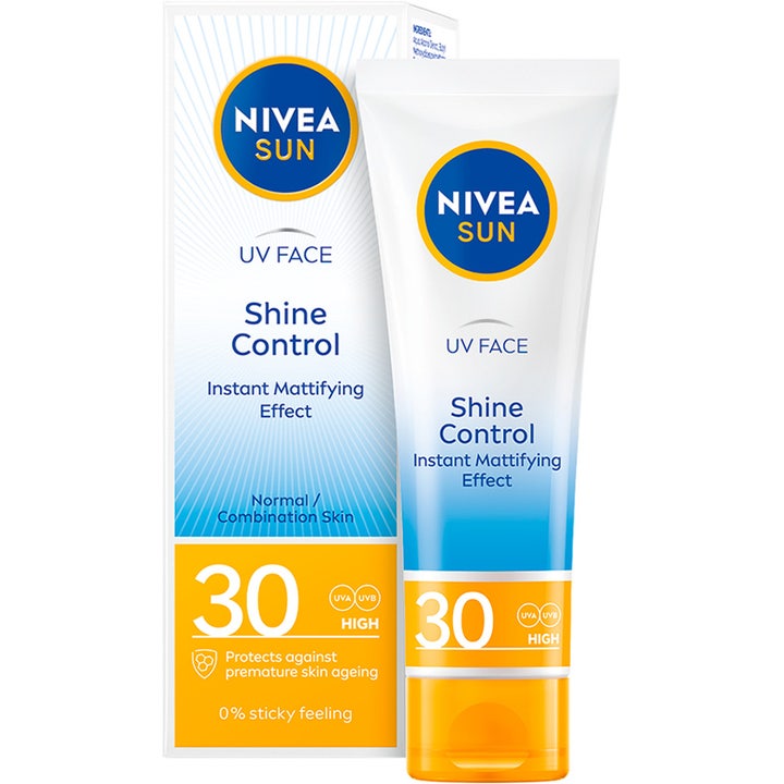 NIVEA Sun Face Shine Control 50 ml matterende solcreme SPF 30 i hvid tube og æske til ansigtet