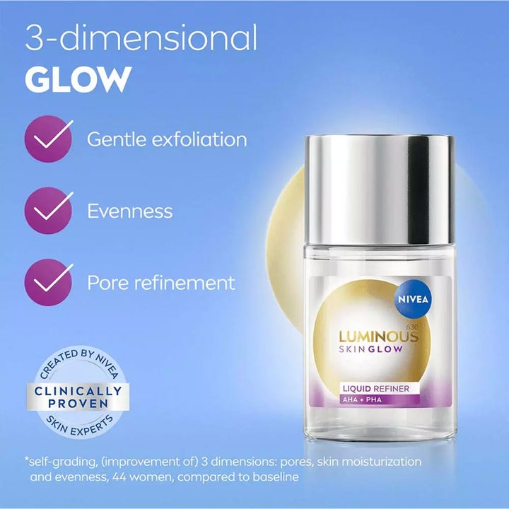 NIVEA Luminous630 Skin Glow Daily Liquid 100 ml eksfolierende toner med AHA + PHA i klar flaske forfiner porer og giver glød.