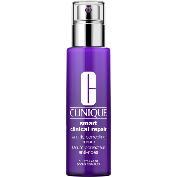 Clinique Smart Clinical Repair Wrinkle Correcting Serum mod rynker i lilla flaske med sølvfarvet pumpe