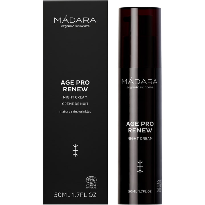 MÁDARA AGE PRO Renew Night Cream 50 ml fornyende natcreme mod rynker i sort pumpeflaske og æske