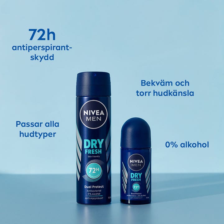 NIVEA MEN Dry Fresh deospray 150 ml og roll-on giver 72 timers antiperspirant beskyttelse til alle hudtyper