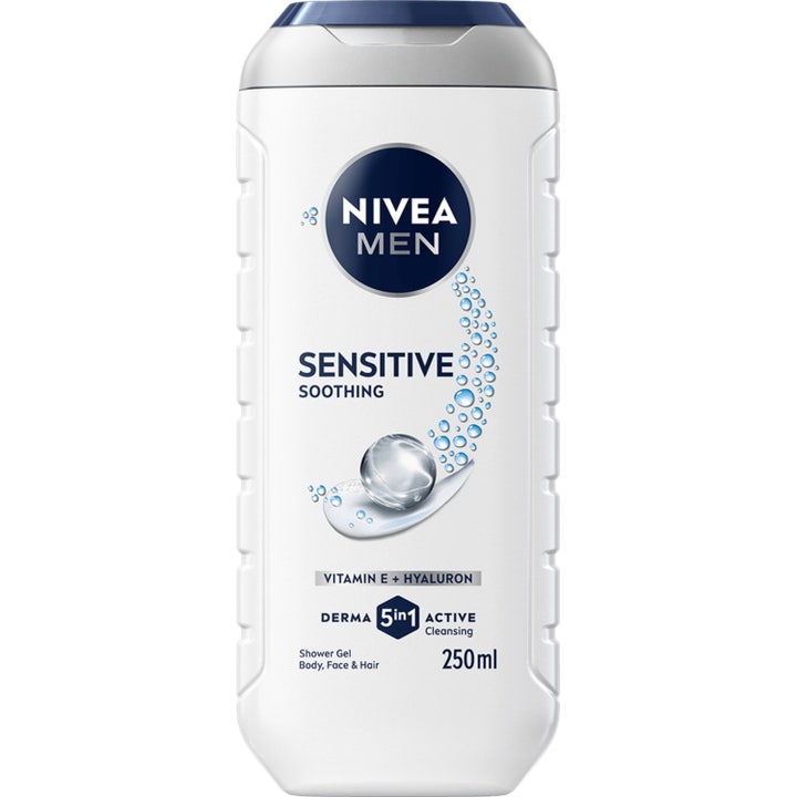 Nivea Men Sensitive 250 ml beroligende 3-i-1 shower gel i hvid plastflaske med blåt låg og bambusekstrakt.