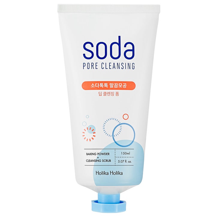 Holika Holika Soda Pore Cleansing 150 ml dybderensende ansigtsrens med bagepulver i hvid tube med blå detaljer