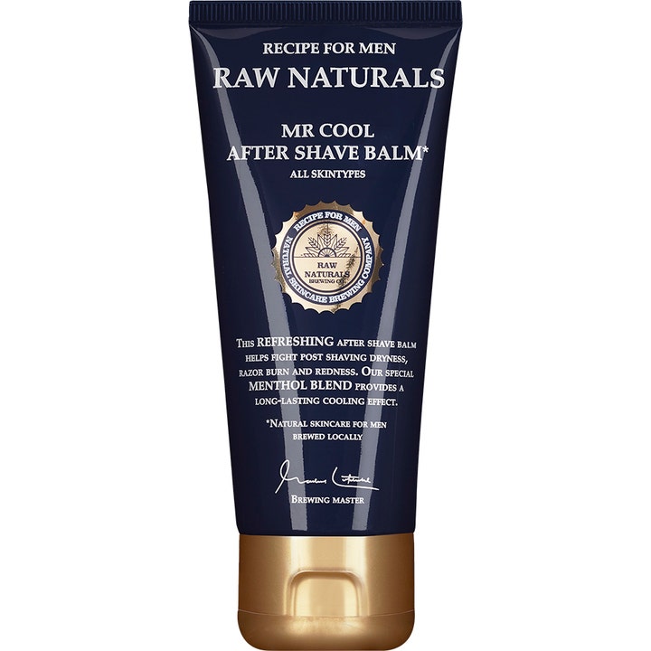Raw Naturals Mr Cool After Shave Balm kølende aftershave mod rødme i en mørkeblå tube med bronzefarvet låg