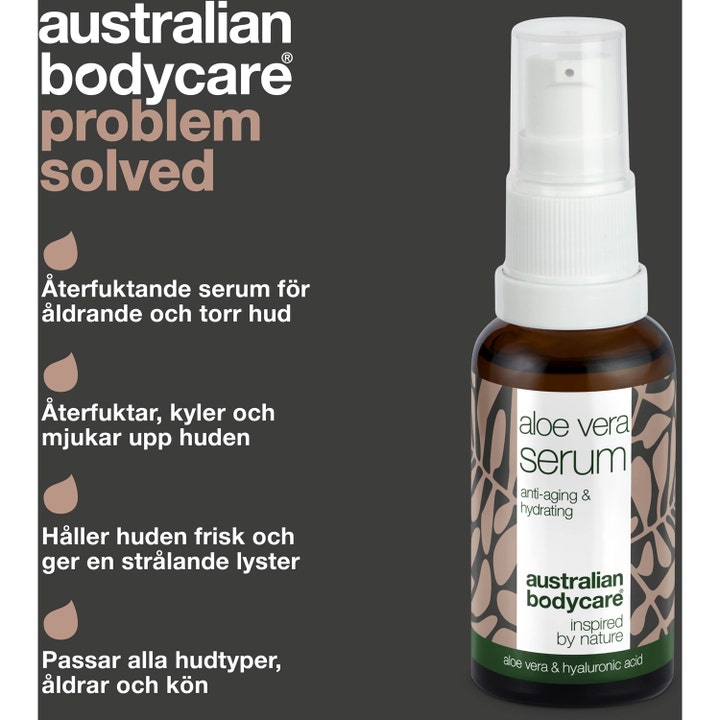 Australian Bodycare Aloe Vera Serum 30 ml fugtgivende serum i mørk glasflaske med hvid pumpe og hyaluronsyre