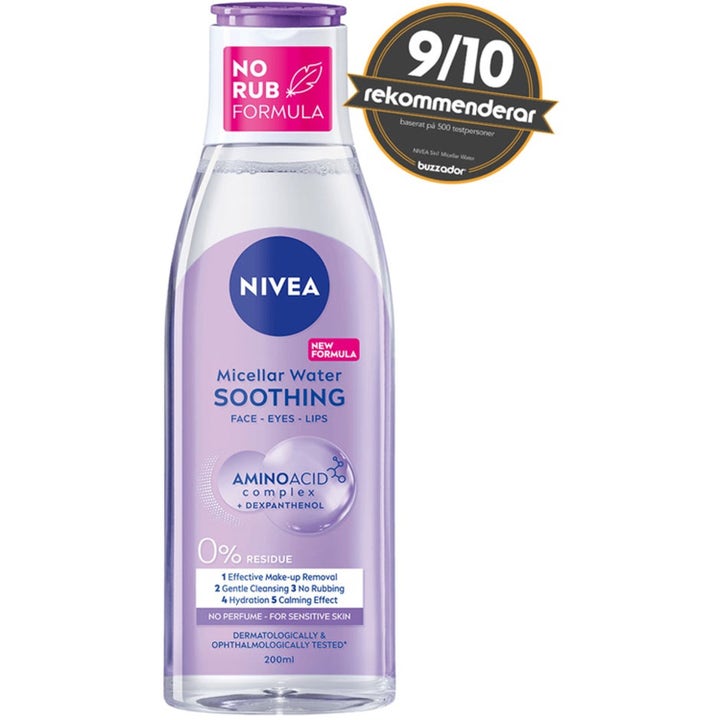 NIVEA Micellar Water Soothing 200 ml beroligende ansigtsrens i gennemsigtig flaske med lilla etiket til sensitiv hud
