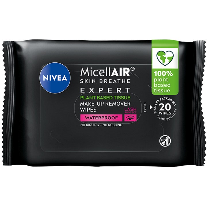 NIVEA MicellAIR Expert Wipes 20 stk makeupfjerner fjerner vandfast makeup i sort pakke med grønt mærke