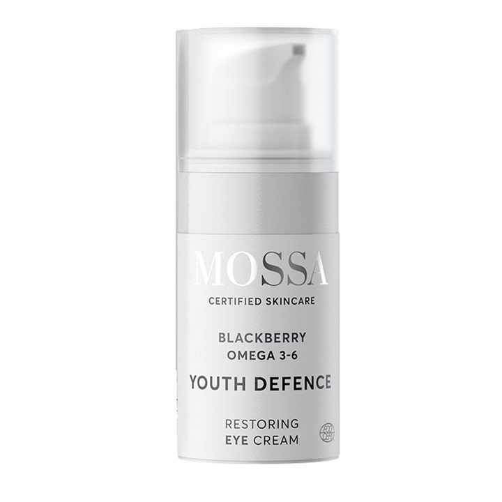 Mossa Youth Defence 15ml genopbyggende øjencreme i hvid pumpeflaske med gennemsigtigt låg.