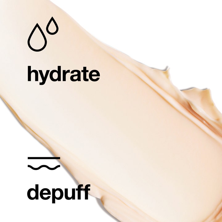 Clinique All About Eyes 15 ml fugtgivende øjencreme med ferskenfarvet tekstur og teksten hydrate og depuff