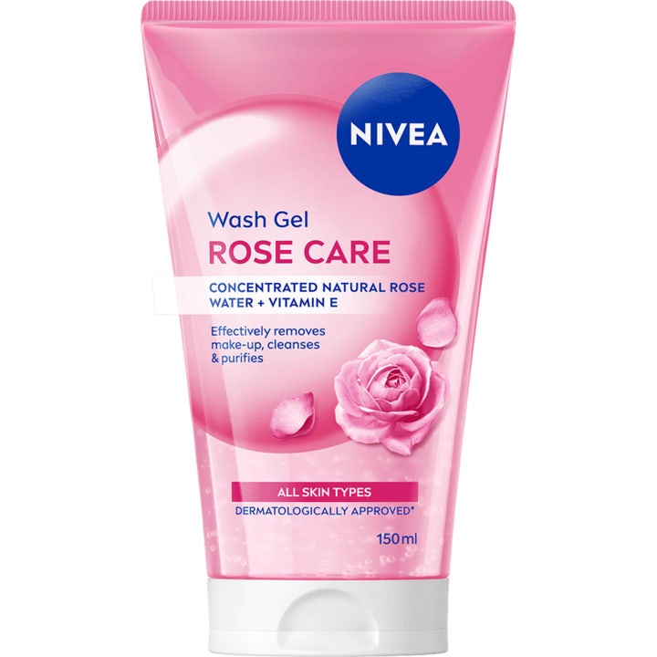 Nivea Rose Care Micellar Face Wash 150 ml er en rensende ansigtsrens med rosenvand i en lyserød tube med hvidt låg.