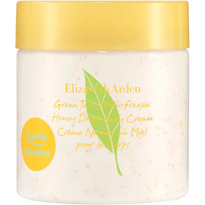 Elizabeth Arden Green Tea Citron Freesia Honey Drops 500 ml kropscreme i hvid krukke med gult låg og honningperler.