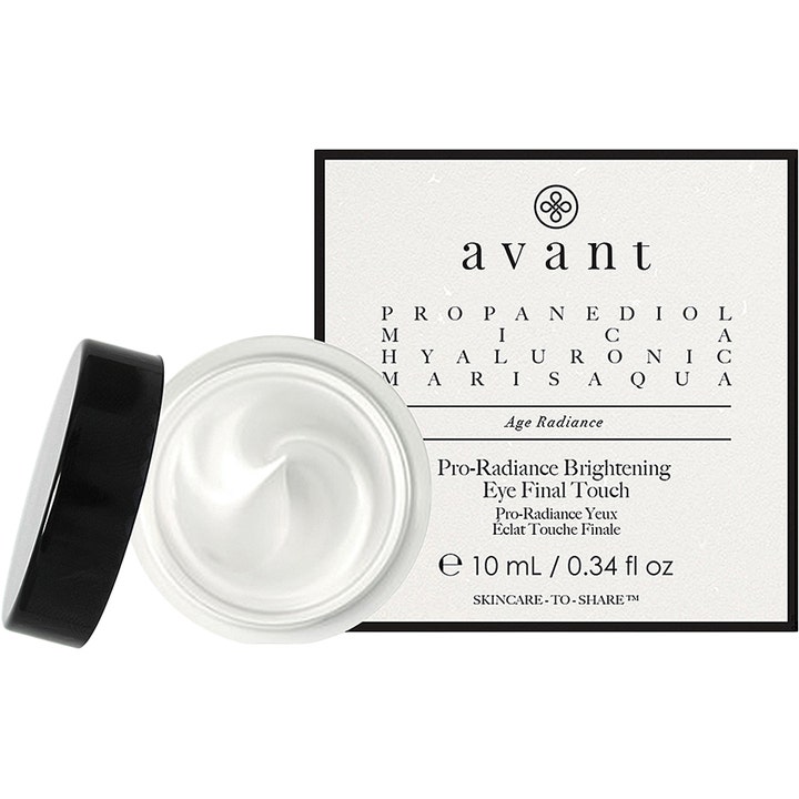 Avant Pro-Radiance Brightening Eye Final Touch 10 ml lysnende øjencreme i hvid krukke med hvid cremet tekstur og sort låg