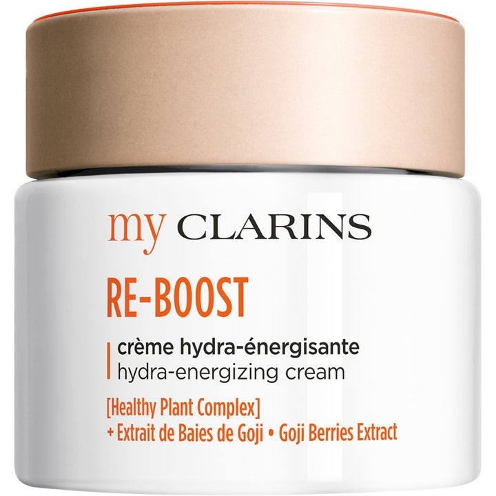 My Clarins RE-BOOST Hydra-Energizing Cream 50 ml i hvid glaskrukke med rosa metallåg til tør hud