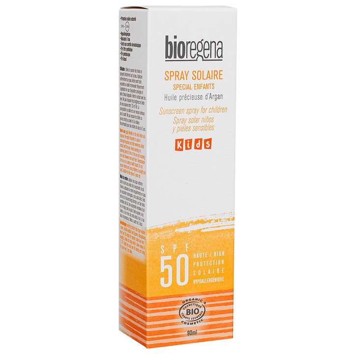 Bioregena Sunscreen Cream Kids 90 ml solcreme med SPF 50 i hvid papæske med orange og gule detaljer.