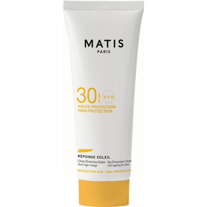 Matis Réponse Soleil SPF 30 antiage solcreme i hvid tube med gult låg der giver effektiv UVA beskyttelse til ansigtet
