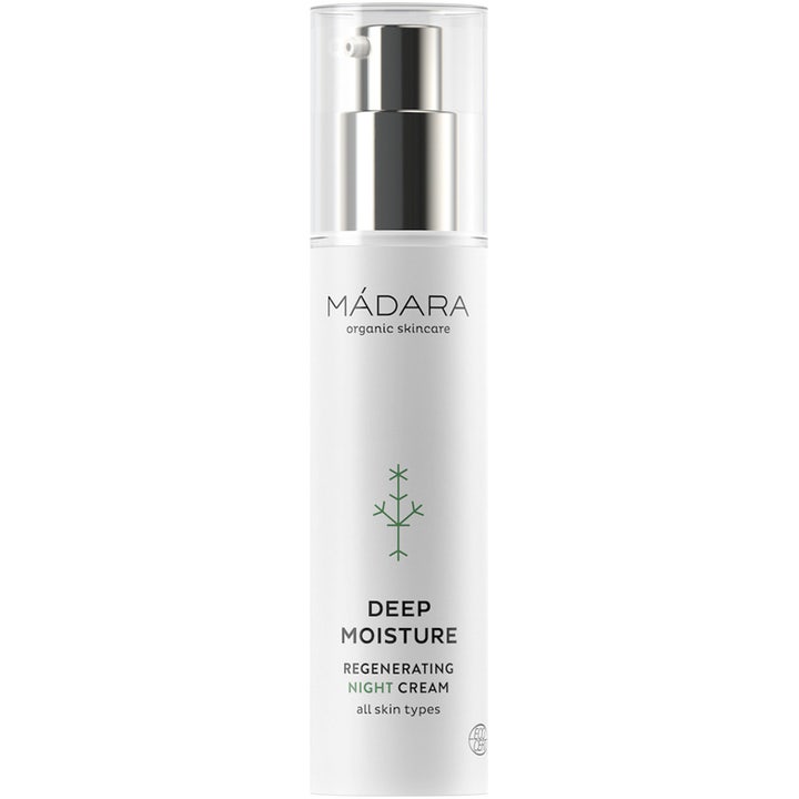 Mádara Deep Moisture Regenerating Night Cream 50 ml fugtgivende natcreme i hvid flaske med sølvpumpe og klart låg