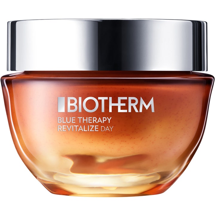 Biotherm Blue Therapy Revitalize Day 50 ml revitaliserende dagcreme i en ravfarvet glaskrukke med skinnende sølvlåg