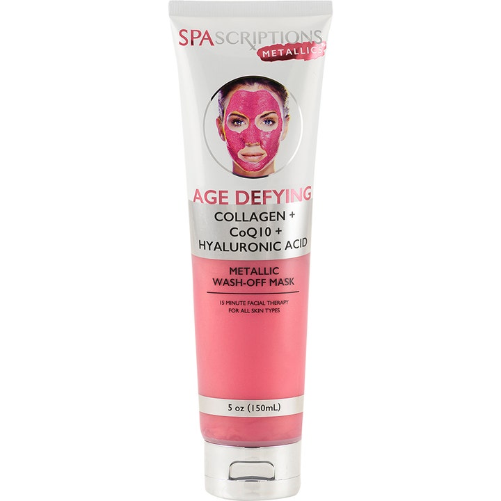 SpaScriptions Age Defying Metallic Wash-off Mask 150 ml ansigtsmaske med collagen i hvid og lyserød tube med sølvlåg.