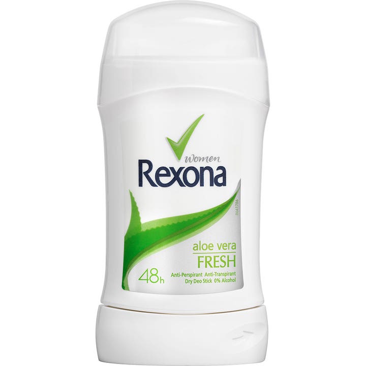 Rexona Aloe Vera Fresh 40ml alkoholfri deodorant stick giver 48 timers beskyttelse i hvid beholder med grønt aloe-blad.