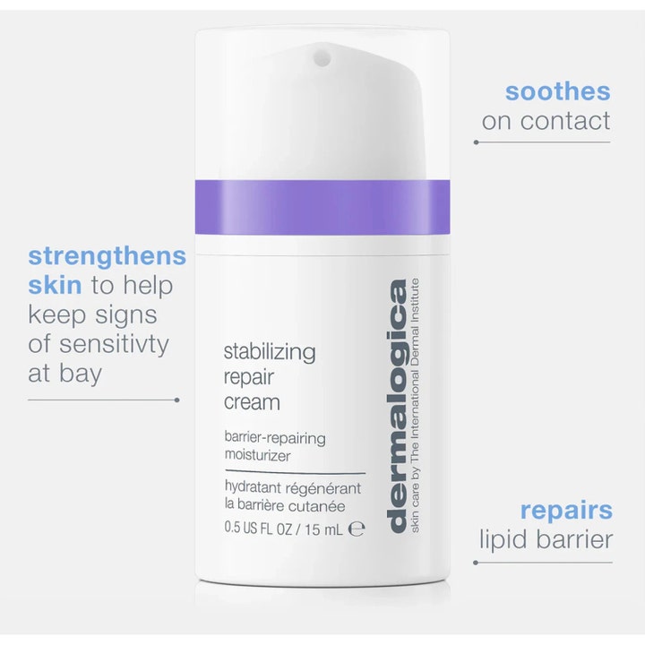 Dermalogica Stabilizing Repair Cream 15 ml beroligende ansigtscreme i hvid pumpeflaske der reparerer lipidbarrieren