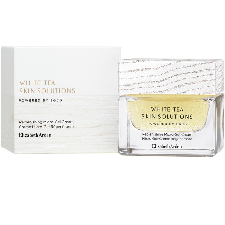 Elizabeth Arden White Tea Skin Replenishing Micro-gel Cream 50 ml fugtgivende ansigtscreme i glasrukke og hvid æske.