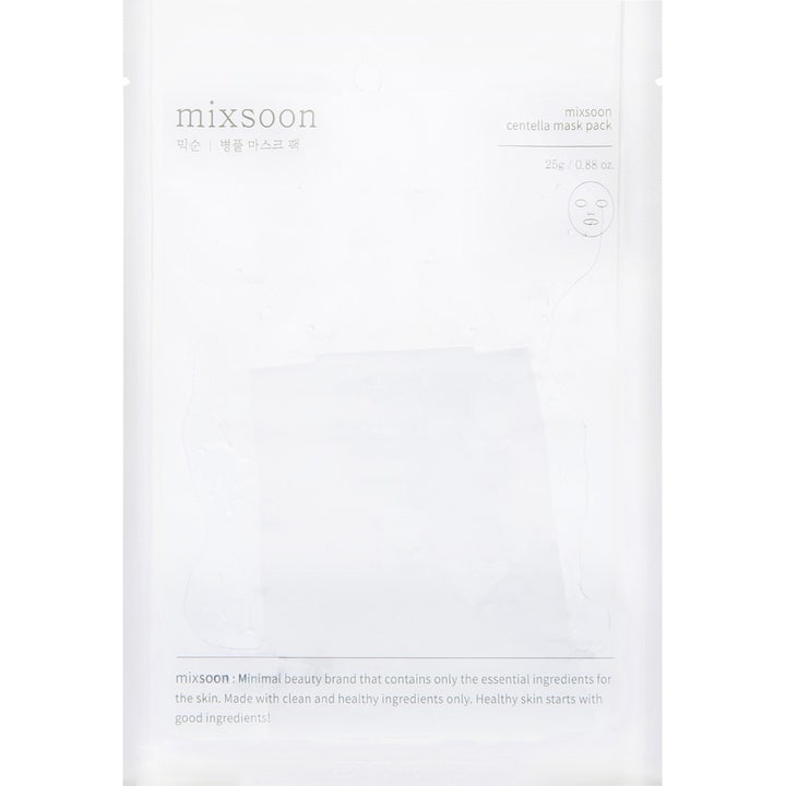 mixsoon Centella Mask Pack 25 g beroligende arkmaske i hvid minimalistisk emballage med grå tekst og lille ansigt