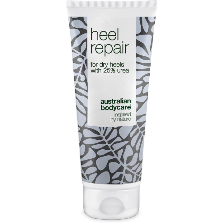 Australian Bodycare Heel Repair fodcreme mod tørre hæle i en hvid tube med gråt bladmønster og 25% urea