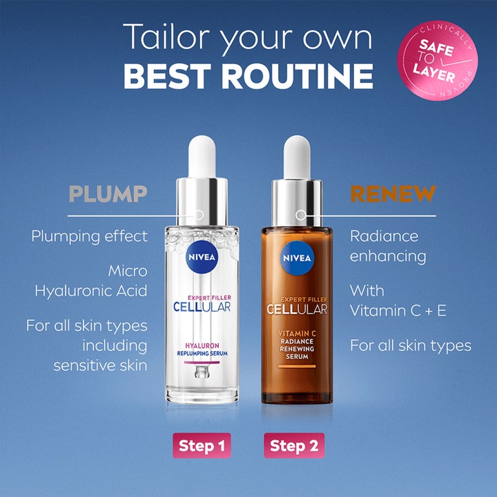 NIVEA Cellular Expert Filler Vitamin C Serum 30 ml hudplejerutine med to glaspipetter mod blå baggrund