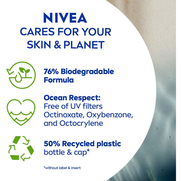 Nivea UV Face Triple Protect Fluid 40 ml solcreme viser info om bionedbrydelig og havvenlig formel