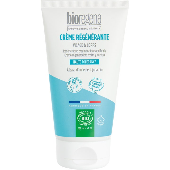 Bioregena Crème Régénérante 150 ml regenererende creme med jojobaolie i hvid tube med blå detaljer.