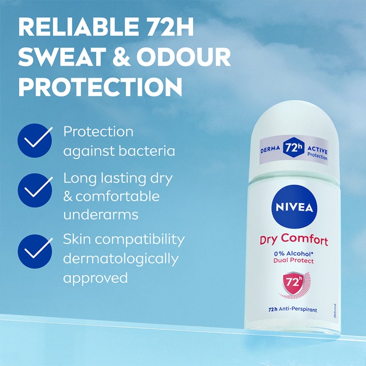 NIVEA Dry Comfort 50 ml deodorant roll-on giver 72 timers beskyttelse i hvid glasflaske mod en klar blå himmel.