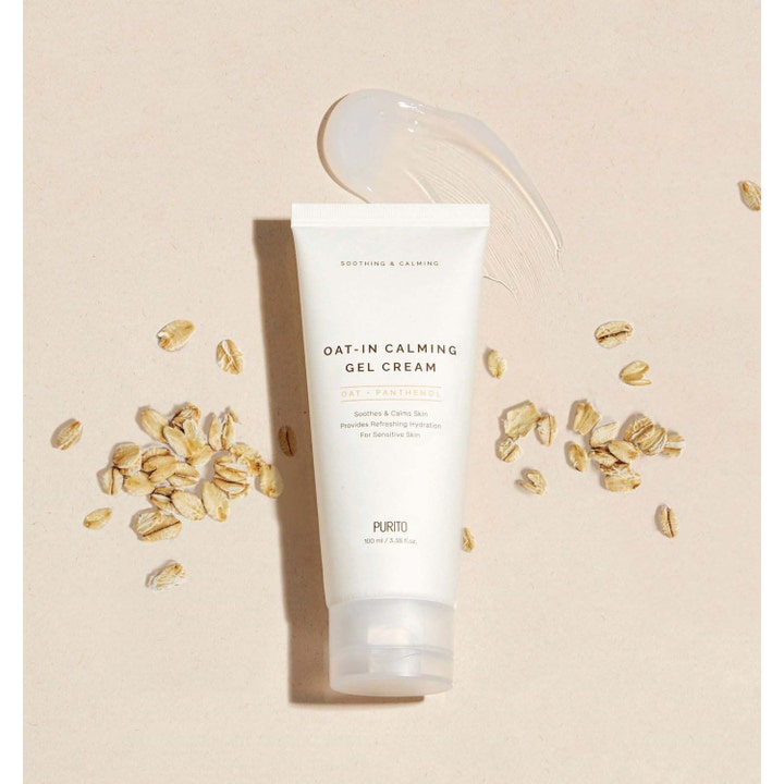 Purito Oat-in Calming Gel Cream 100 ml beroligende ansigtscreme i hvid tube med gennemsigtig gel og havregryn