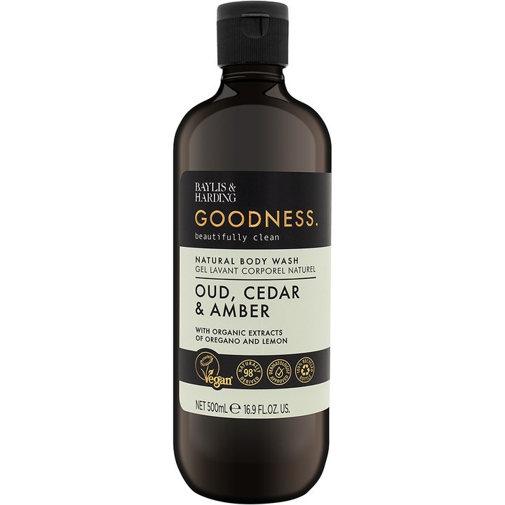 Baylis & Harding Goodness Oud, Cedar & Amber 500 ml naturlig kropsvask i mørkebrun plastflaske med sort låg.