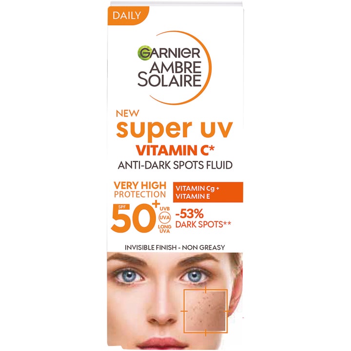 Garnier Ambre Solaire Super UV Vitamin C 40 ml solcreme mod mørke pletter i hvid æske med SPF 50 plus