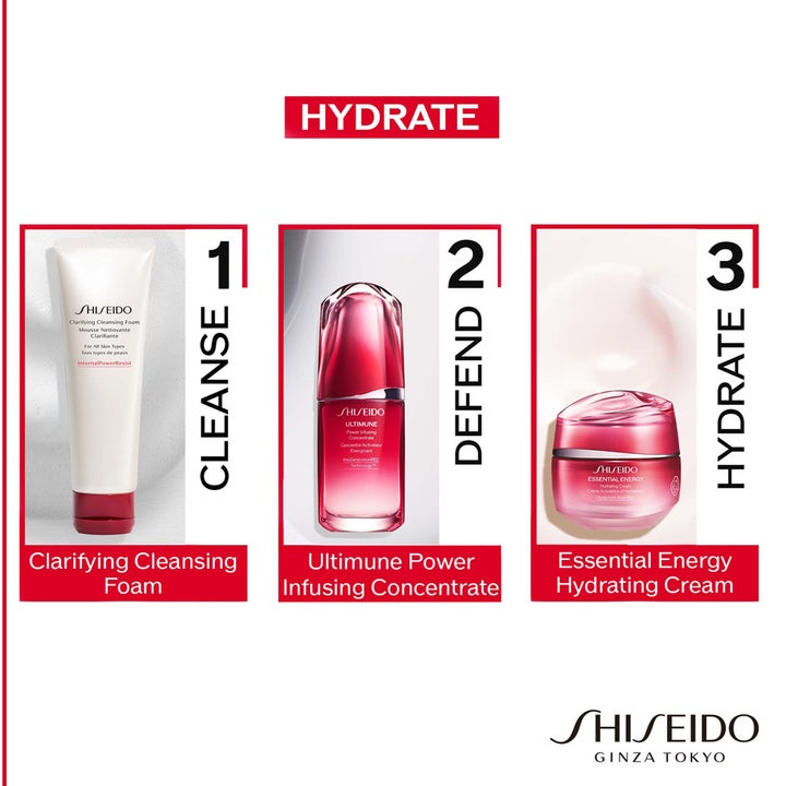 Shiseido Essential Energy Hydrating Day Cream 50 ml fugtgivende dagcreme i lyserød krukke som trin tre i en rutine.