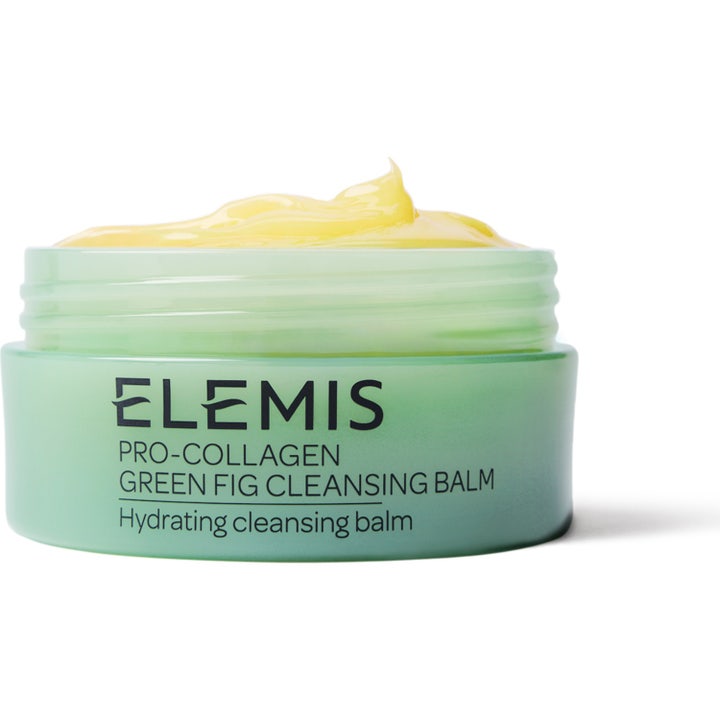 Elemis Pro-Collagen Green Fig Cleansing Balm fugtgivende ansigtsrens i grøn krukke med fyldig gul tekstur