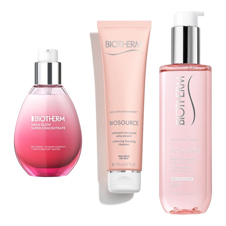 Biotherm Biosource og Aqua Glow hudplejesæt til tør hud med fugtgivende ansigtsrens, toner og serum i lyserød emballage