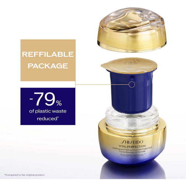Shiseido Vital Perfection 50 ml opstrammende ansigtscreme i genopfyldelig guld- og blå krukke med refill-indsats