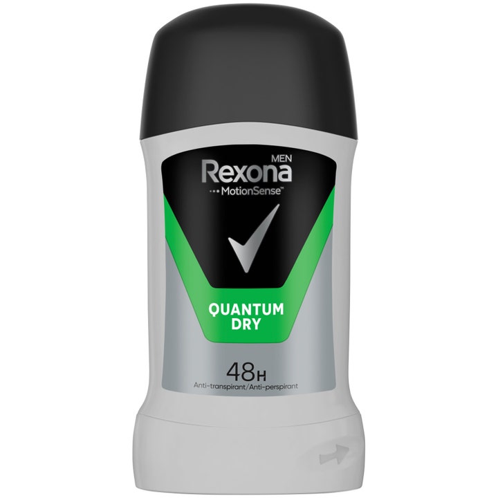 Rexona Men Quantum Dry antiperspirant deo stick giver 48 timers beskyttelse i grå beholder med sort låg og grønne detaljer