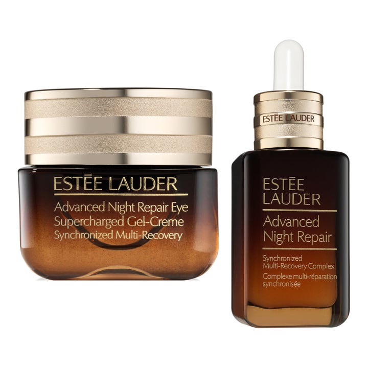 Estée Lauder Advanced Night Repair Eye og Serum reparerende hudpleje i brune glasflasker med guldlåg og pipette