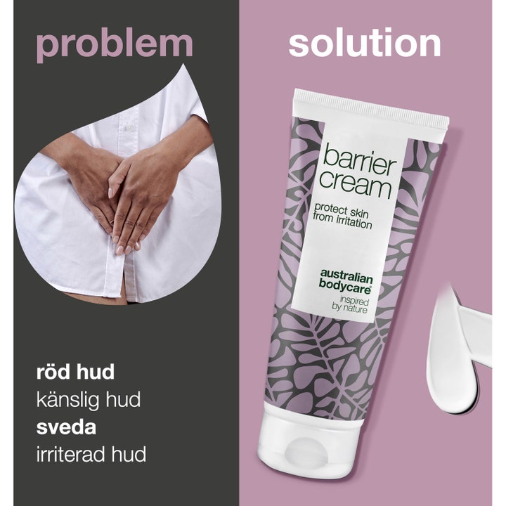 Australian Bodycare Barrier Cream Intimate 100 ml mod irriteret hud i en problem og løsning illustration med hvid tube
