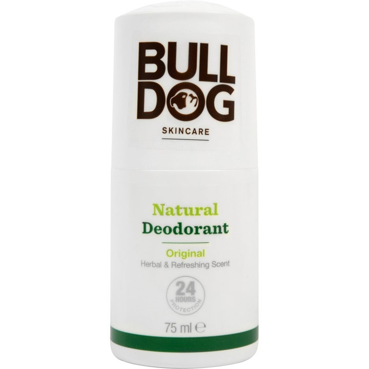 Bulldog Original Natural Deodorant 75 ml giver 24 timers friskhed i en hvid roll-on med grønne detaljer.
