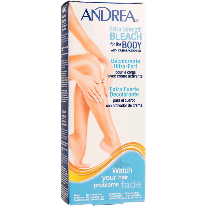 Andrea Extra Strength Bleach for the Body 70g blegning af kropshår i hvid og blå papæske med billede af ben